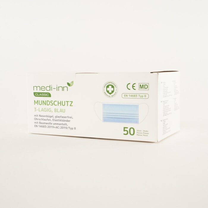 medi-inn Classic Mundschutz Typ II, mit Nasenschutz, 3-lagig, blau, 50 Stück