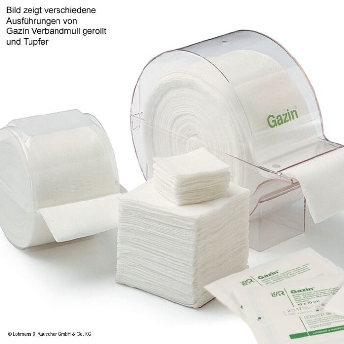 Gazin Verbandmull gerollt, 10 m x 10 cm, im Klarsichspender, 8 - fach, 1 Rolle