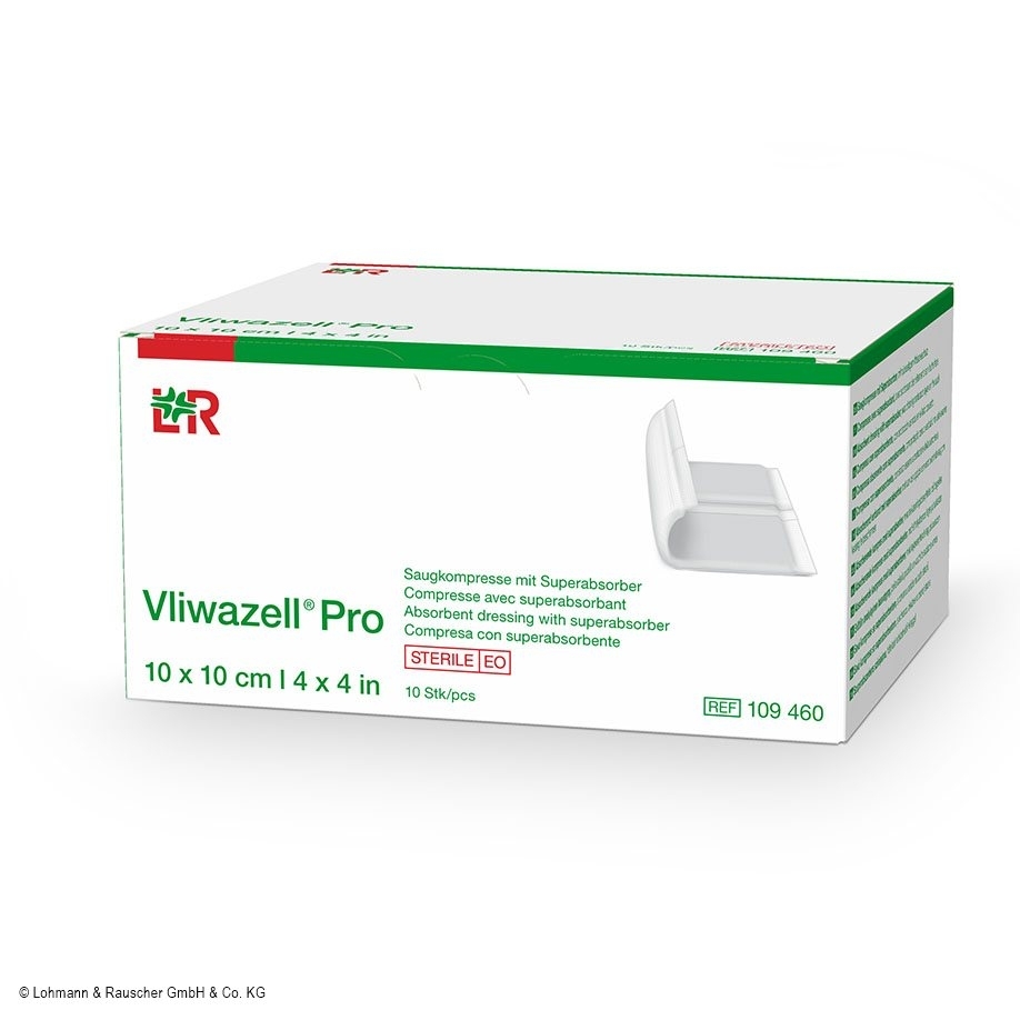Vliwazell Pro, superabsorbierende Kompressen, 10 cm x 10 cm, steril, 10 Stück